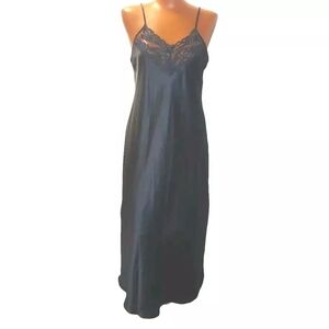 Vtg Y2k Linda Slip Dress Woman 36 Med 10 Fairy Satin Navy Lacey High Side Slit